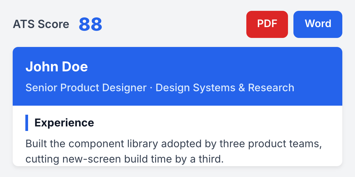 An ATS match score above a resume rewritten for the job posting