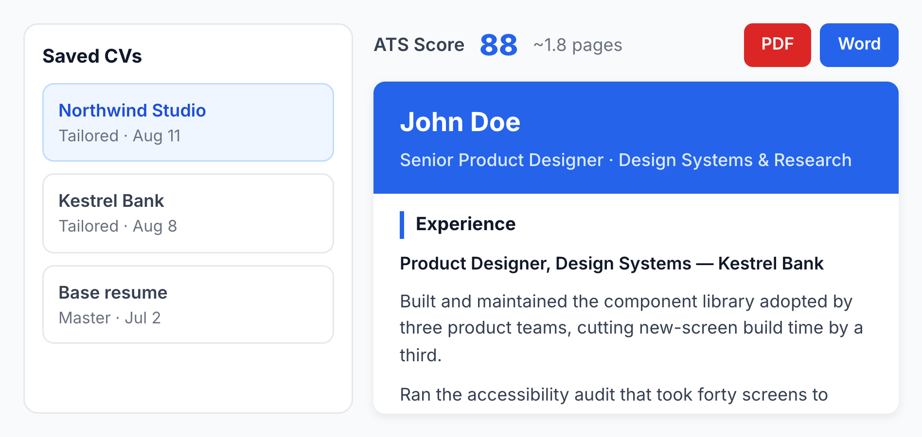 Saved CVs and a resume rewritten for a specific job posting in preview