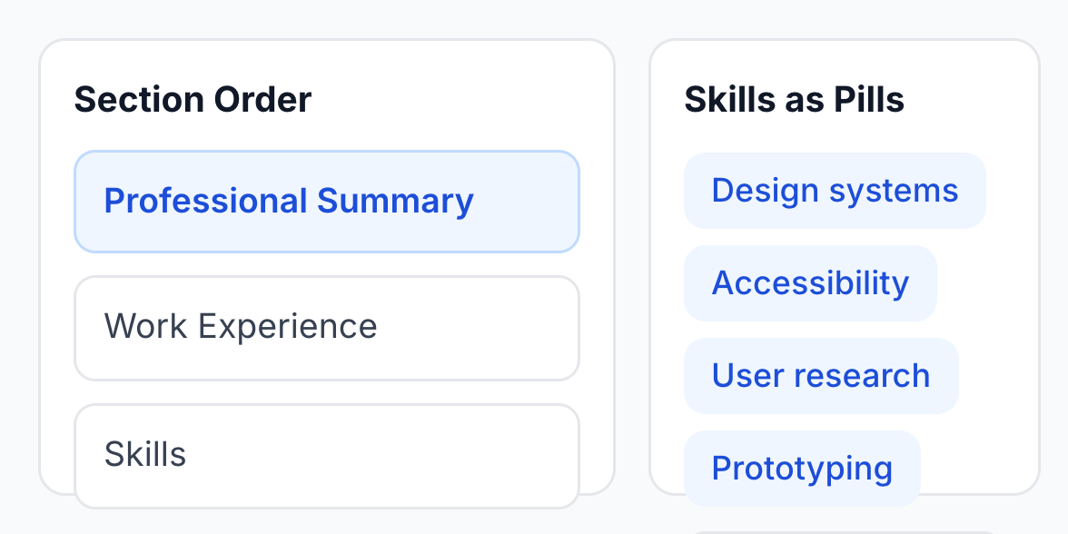 The Rolnia profile builder showing a parsed resume broken into structured experience and skills sections