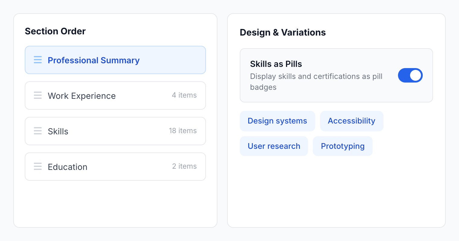 The Rolnia profile builder reordering resume sections and skills